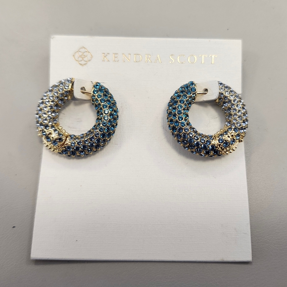 NWT Kendra Scott Mikki Gold Pave Hoop Earrings in Green Blue Ombre Mix